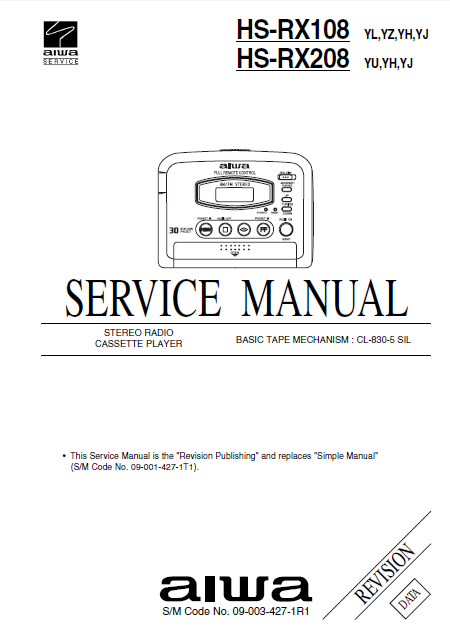 AIWA HS-RX108 Revision Stereo Cassette Player Service Manual