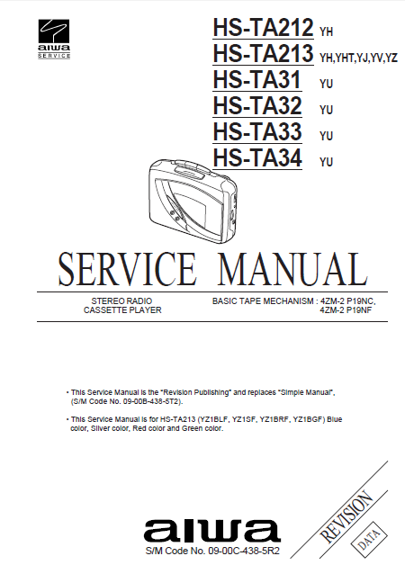 AIWA HS-TA212 Revision Stereo Radio Cassette Player Service Manual