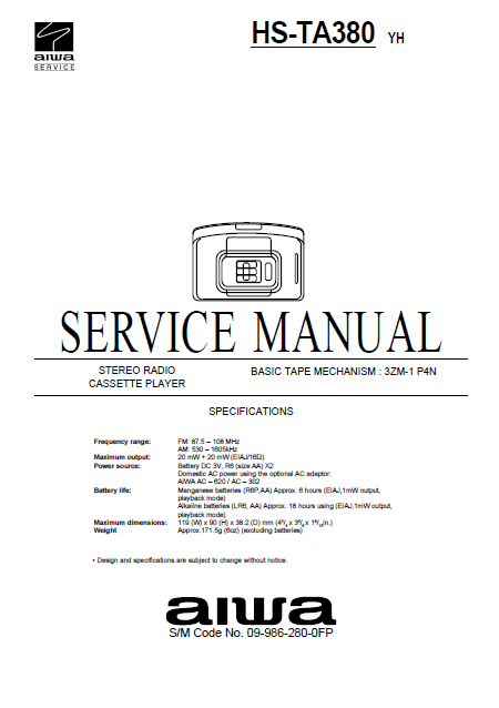 AIWA HS-TA380 YH Stereo Radio Cassette Player Service Manual