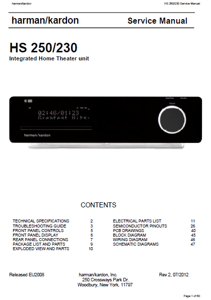 Harman Kardon Model HS 250-230 Integrated Home Theater unit Rev2 Service Manual