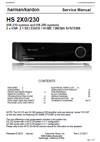 Harman Kardon Model HS 2X0-230 Home Cinema System Rev2 Service Manual