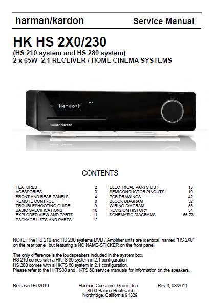 Harman Kardon Model HS 2X0-230 Home Cinema System Rev3 Service Manual