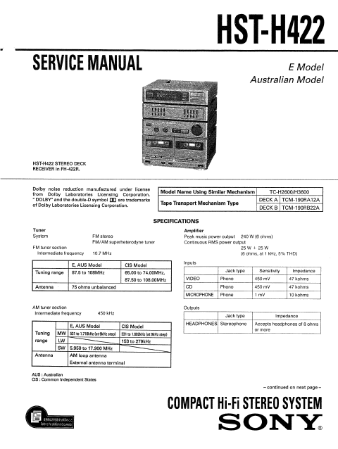 AIWA HST-H422 SONY Stereo Deck Receiver Service Manual