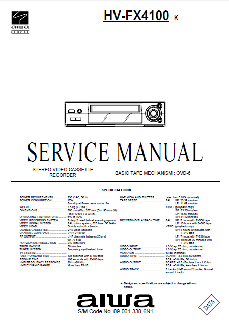 AIWA HV-FX4100 K Stereo Video Cassette Recorder Service Manual