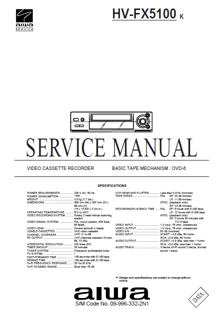 AIWA HV-FX5100 K Video Cassette Recorder Service Manual