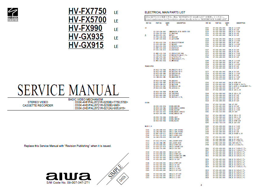 AIWA HV-FX7750 LE Revision Stereo Video Cassette Recorder Service Manual