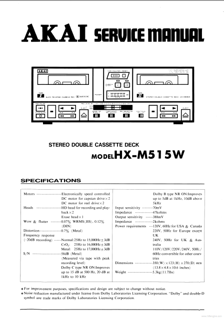 AKAI HX-M515W Stereo Double Cassette Deck Service Manuals