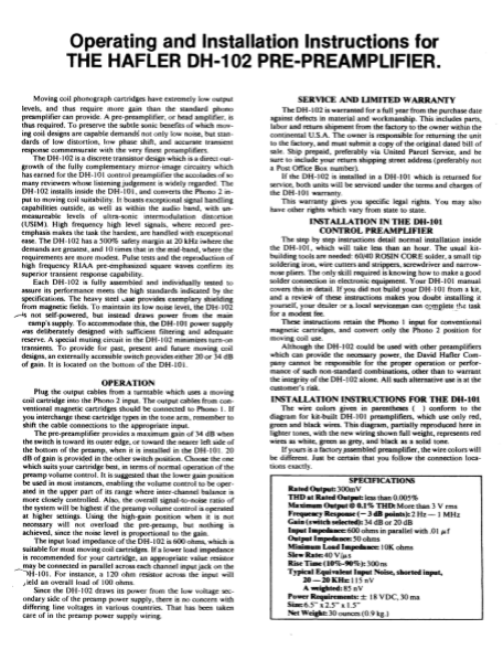 HAFLER DH-102 Pre-Preamplifier Operation Manual
