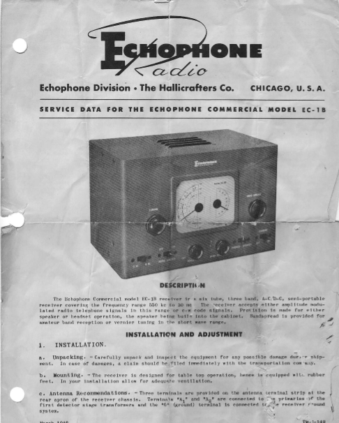 Hallicrafters Model EC-1B Echophone Operation Manual