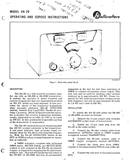 Hallicrafters Model HA-20 Service Manual