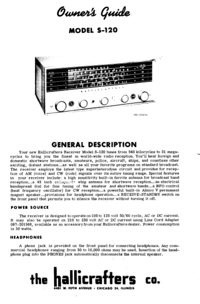 Hallicrafters Model S-120 Owner's Manual