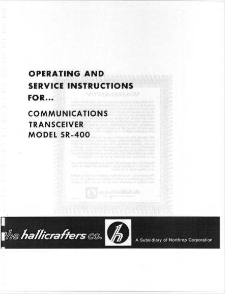 Hallicrafters Model SR-400 Transceiver Service Manual