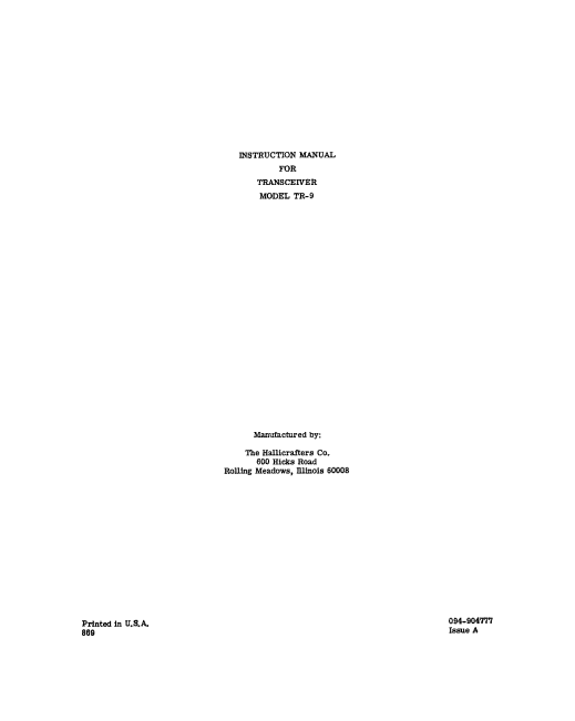 Hallicrafters Model TR-9 Transceiver Instruction Manual