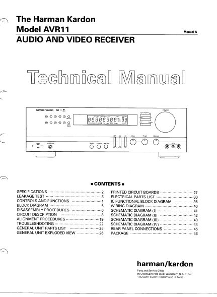 Harman Kardon Model AVR11 Audio Video Receiver Technical Service Manual