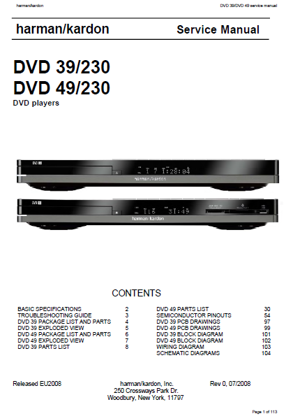 Harman Kardon Model DVD 39-230 DVD 49-230 Service Manual