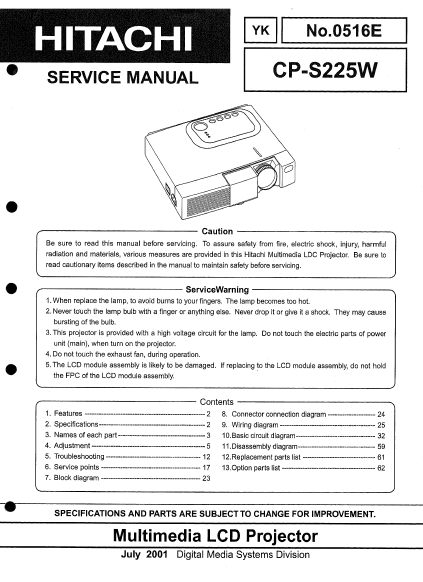 HITACHI CP-S225W YK Multimedia LCD Projector Service Manual