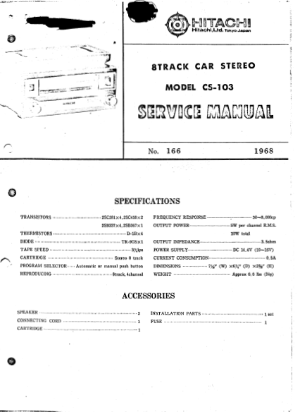 HITACHI CS-103 8Track Car Stereo Service Manual