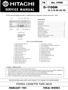 HITACHI D-1100M Stereo Cassette Tape Deck Service Manual