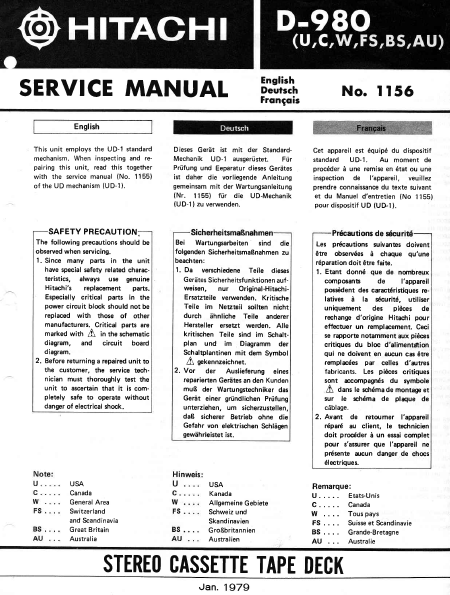 HITACHI D-980 Stereo Cassette Tape Deck Service Manual