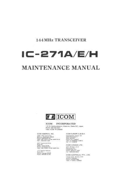 ICOM IC-271A Transceiver Maintenance Manual – Electronic Service