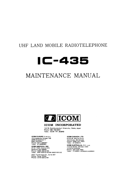 ICOM IC-435 UHF Land Mobile Radiotelephone Maintenance Manual