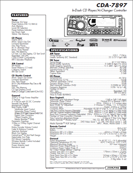 ALPINE CDA 7897 CD Player Changer Controller Manual