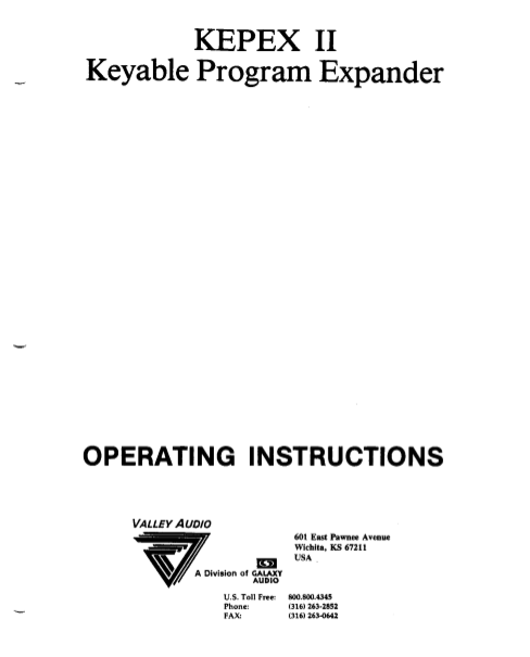 VALLEY AUDIO KEPEX II Keyable Program Expander Operation Manual