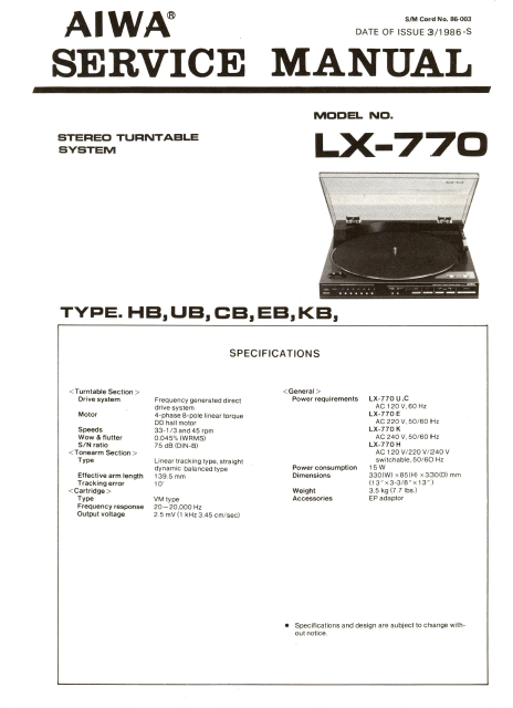 AIWA LX-770 Stereo Turntable Service Manual