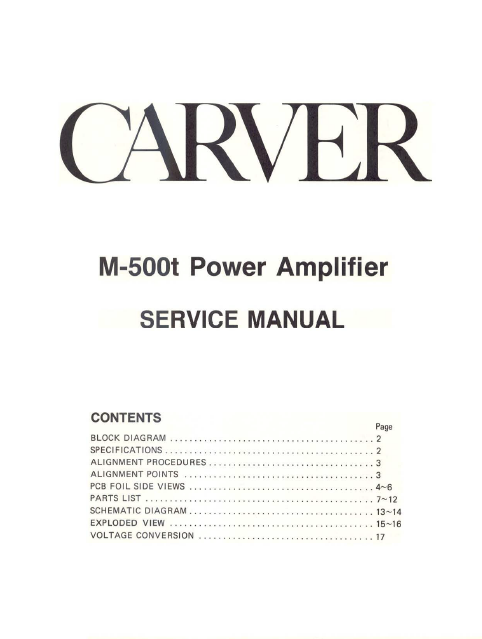 CARVER M-500t Power Amplifier Service Manual