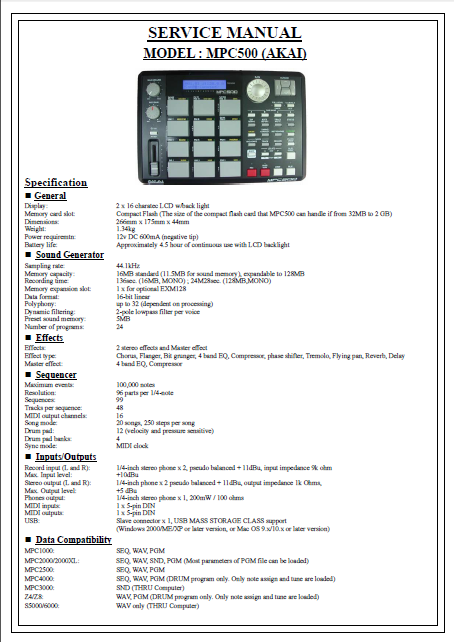 AKAI MPC-500 Compact Flash Service Manual