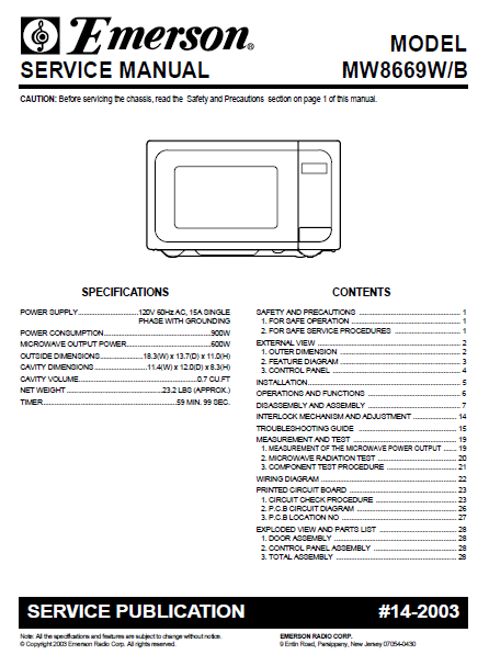 Emerson MW8669W-B Service Manual