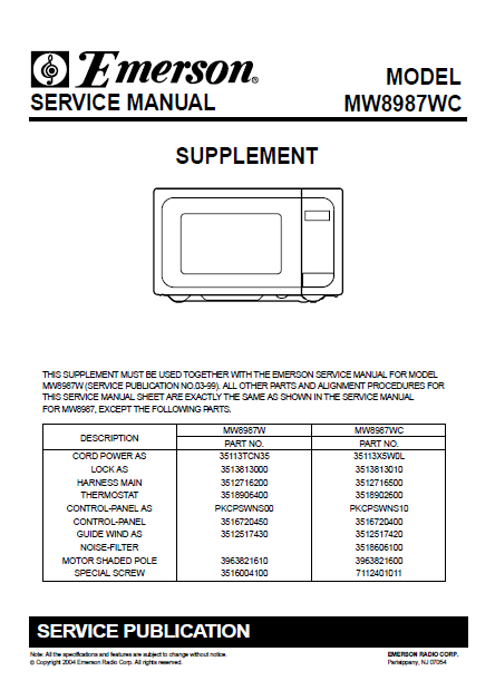 Emerson MW8987WC Supplement Service Manual