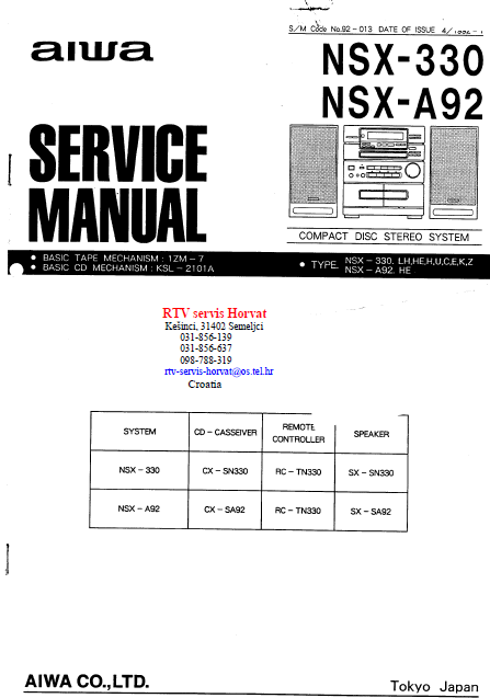 AIWA NSX-330 Compact Disc Stereo Service Manual