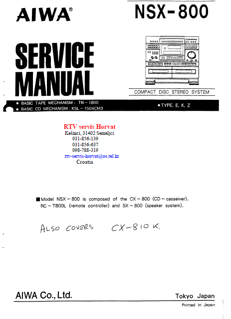 AIWA NSX-800 Compact Disc Stereo Service Manual