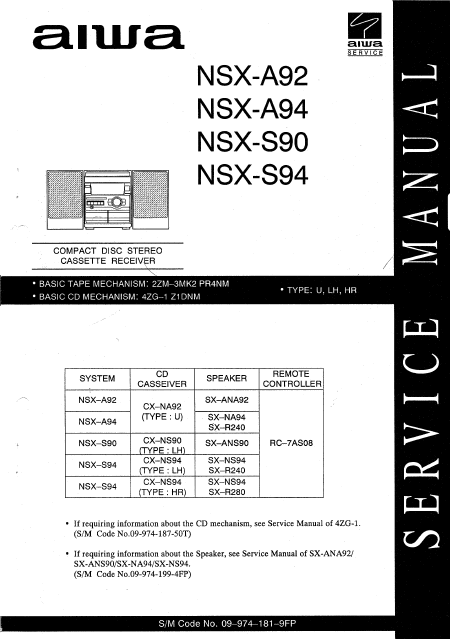 AIWA NSX-A92 CD Stereo Cassette Receiver Service Manual