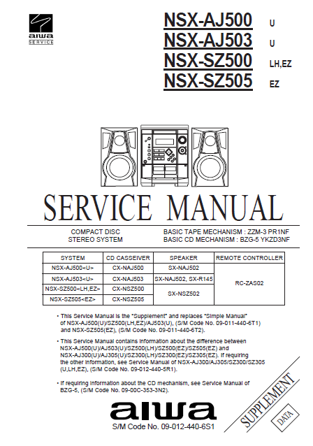 AIWA NSX AJ500 Supplement CD Stereo System Service Manual