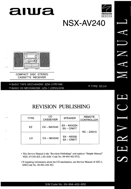 AIWA NSX-AV240 Revision CD Stereo Cassette Receiver Service Manual