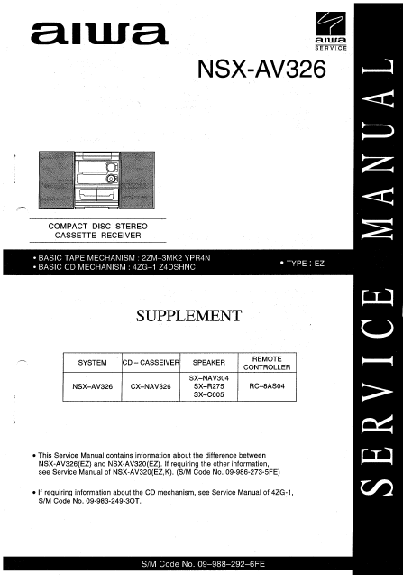 AIWA NSX-AV326 Supplement CD Stereo Cassette Receiver Schematics