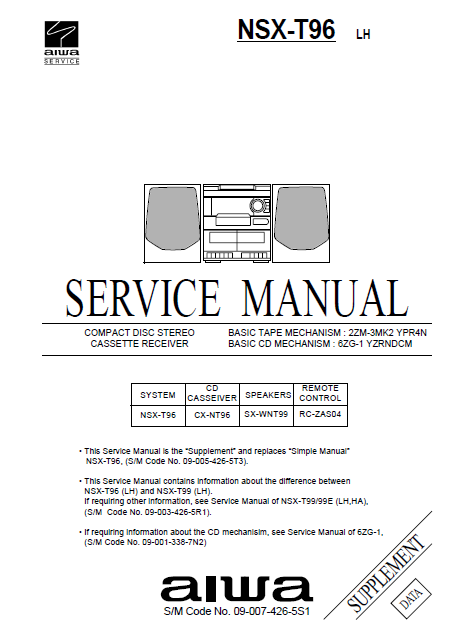 AIWA NSX-T96 LH Supplement CD Cassette Receiver Service Manual
