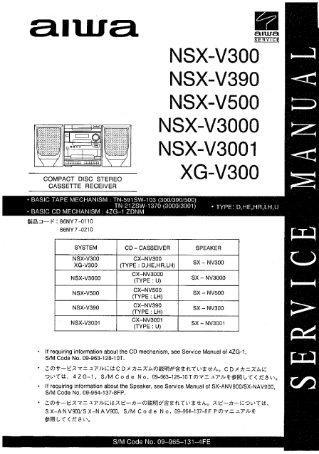 AIWA NSX-V300 Compact Disc Stereo Cassette Receiver Service Manual