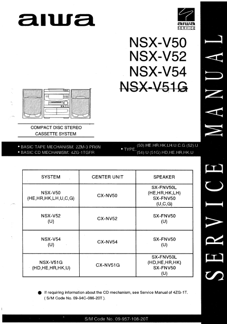 AIWA NSX-V50 Compact Disc Stereo Cassette System Service Manual