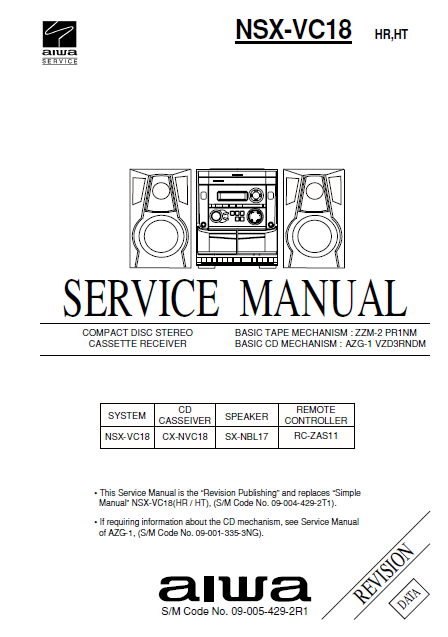 AIWA NSX-VC18 Revision Compact Disc Stereo Cassette Receiver Service Manual