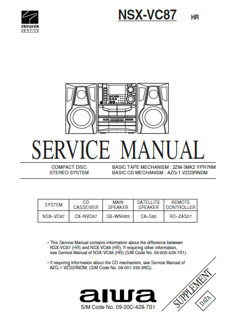 AIWA NSX-VC87 HR Supplement CD Stereo  Service Manual
