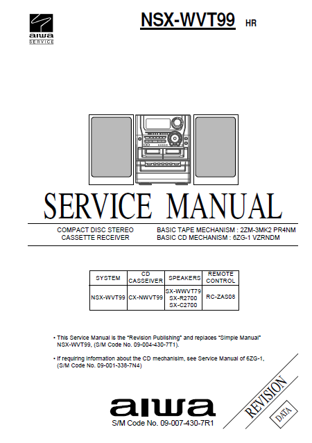 AIWA NSX-WVT99 HR Revision CD Stereo Cassette Receiver Service Manual