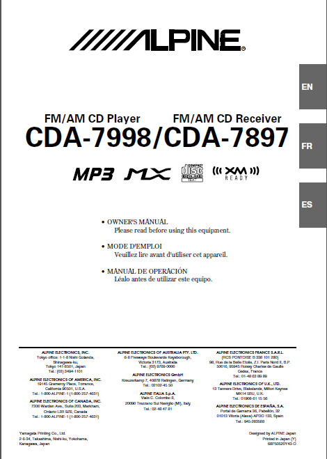 ALPINE CDA 7897-7998 CD Player Receiver MP3 Owner's Manual