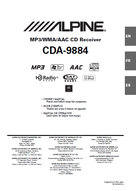 ALPINE CDA-9884 CD Receiver MP3 Owner's Manual