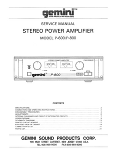 GEMINI Model P 600-800 Stereo Power Amplifier Service Manual