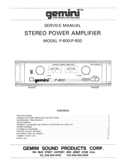 GEMINI Model P 600-800 Stereo Power Amplifier Service Manual