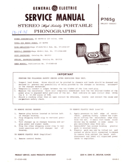 GE Stereo Portable Phonographs P756g Service Manual