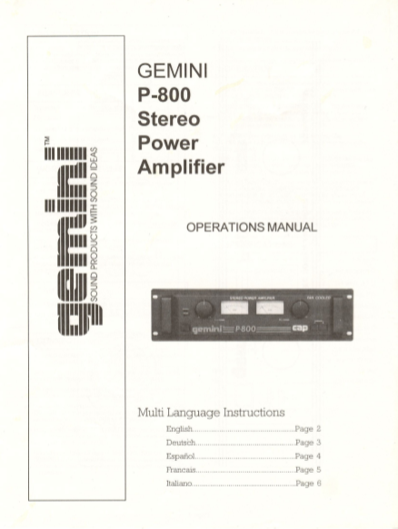 GEMINI Model P-800 Stereo Power Amplifier Operation Manual